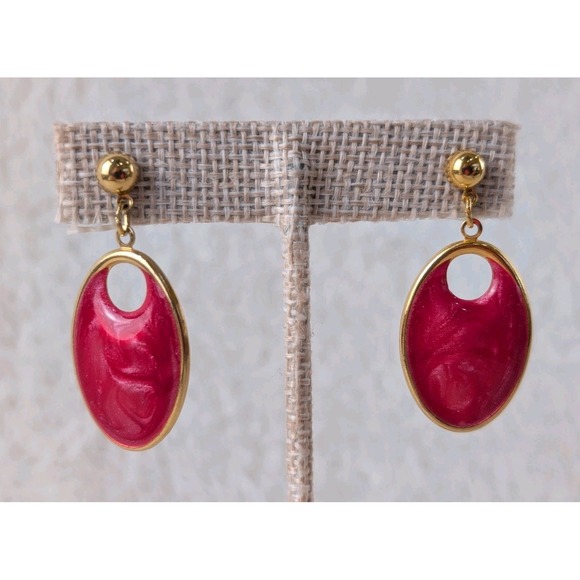 Red Oval Drop Earrings Gold Tone Marbled Resin Modern Dangle - Picture 4 of 6
